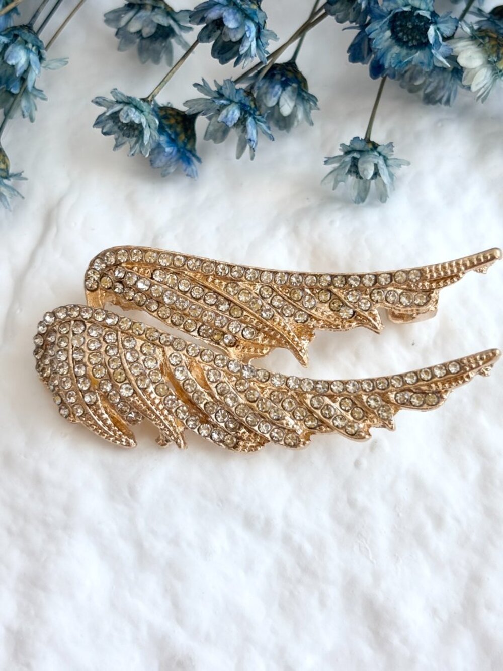 Double Angel Wing Gold Toned Rhinestone Textured Vintage Inspried Brooch Pin